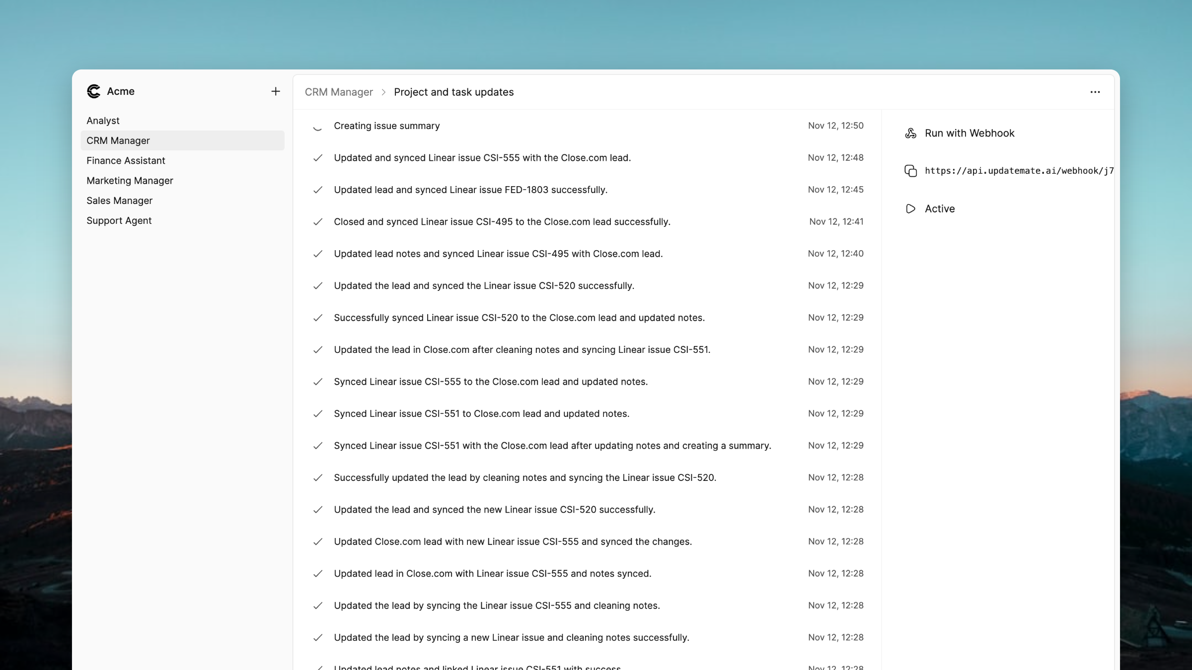 Logs interface showing action execution history